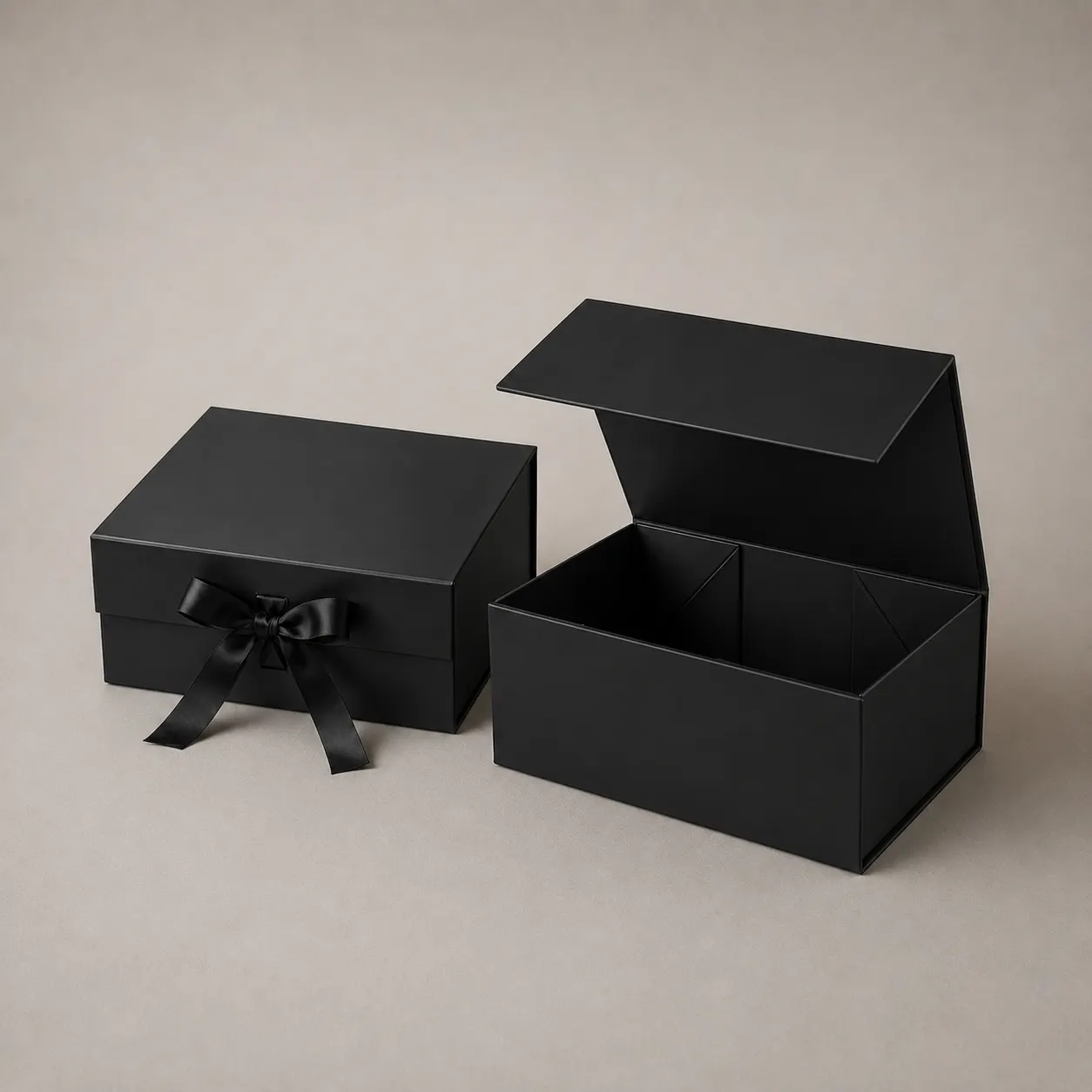 Luxury Matte Black Magnetic Collapsible Folding Box with Satin Ribbon Closure
