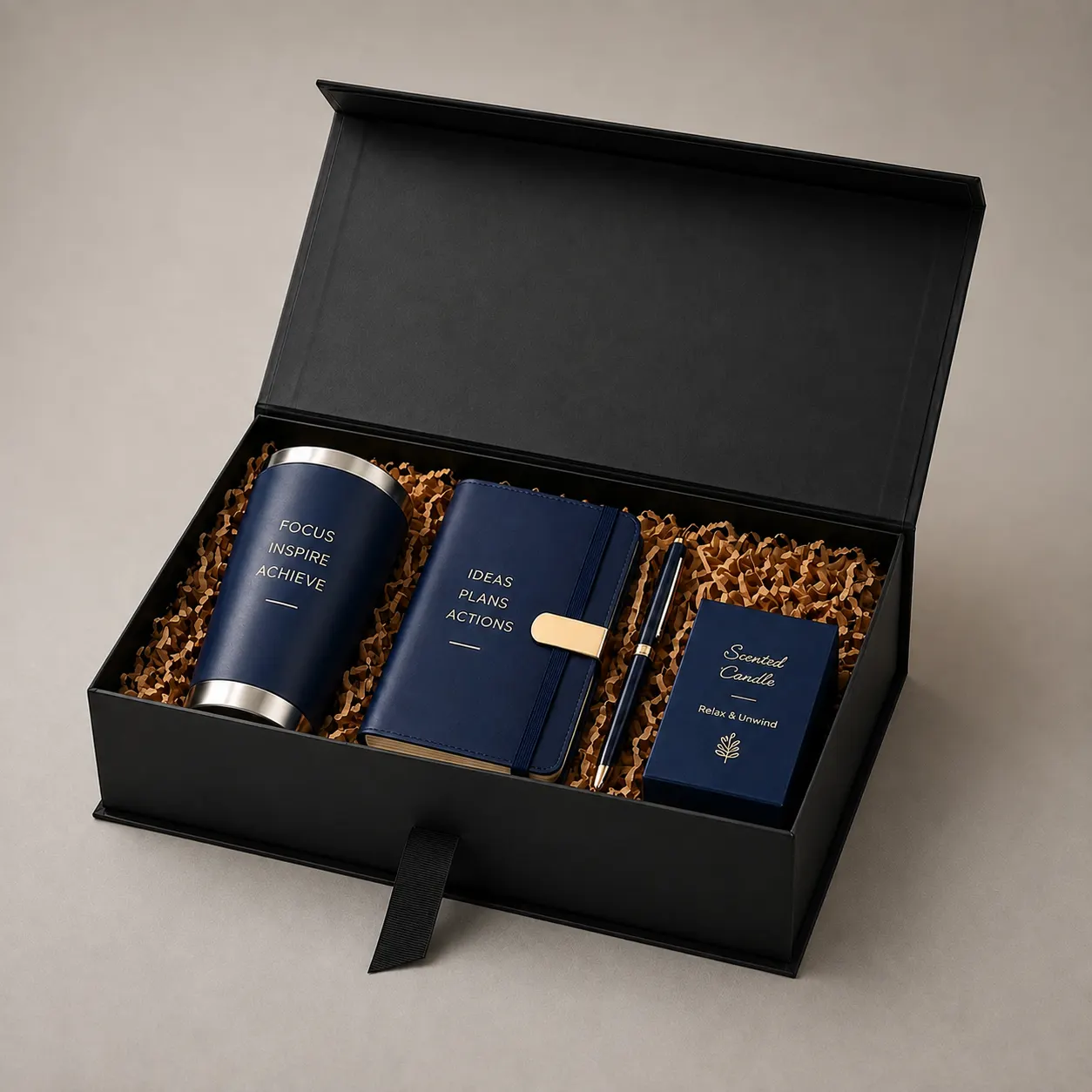 Executive Matte Black Magnetic Collapsible Gift Box with Ribbon Pull Tab