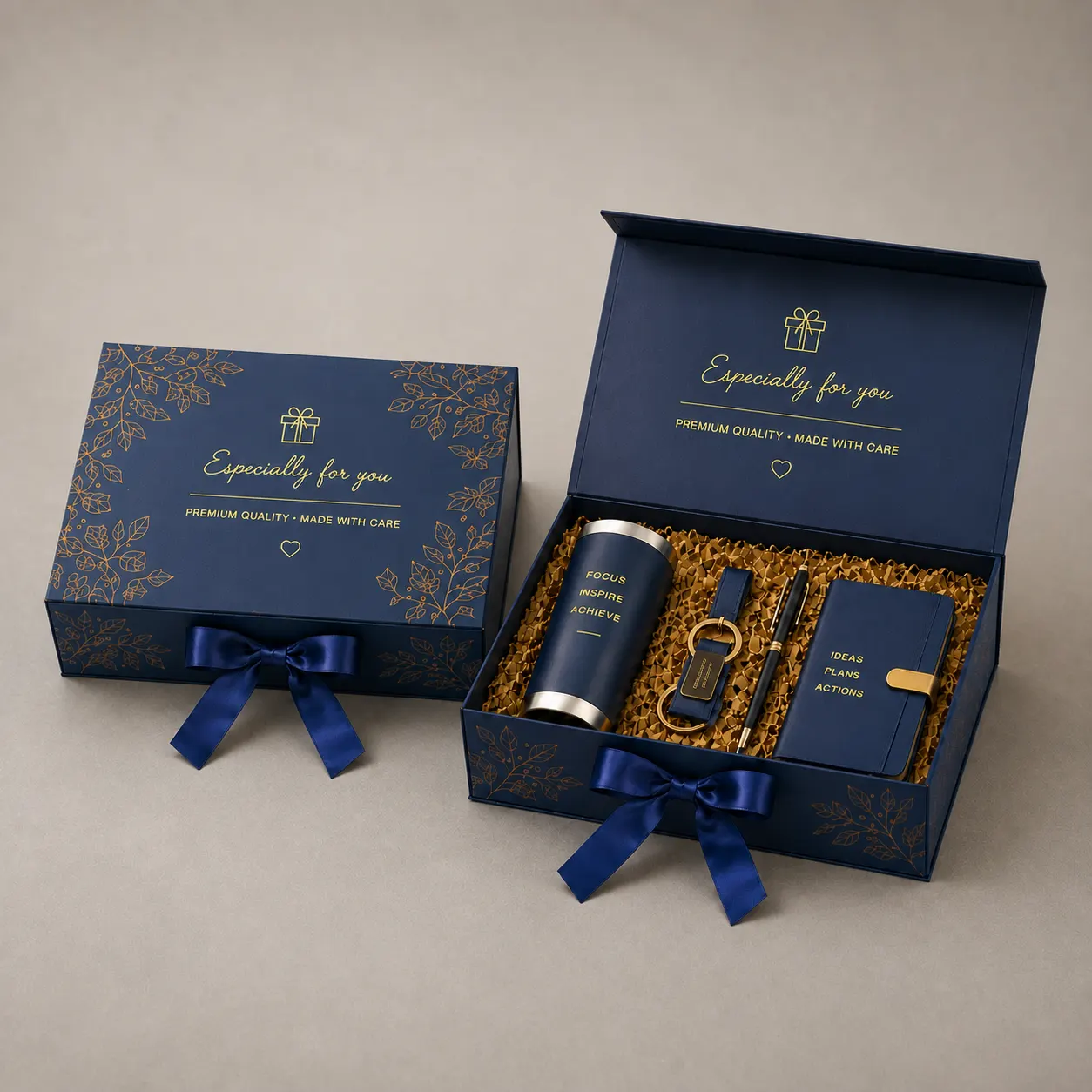 Navy Blue Gold Foil Floral Magnetic Folding Gift Box with Ribbon Bow