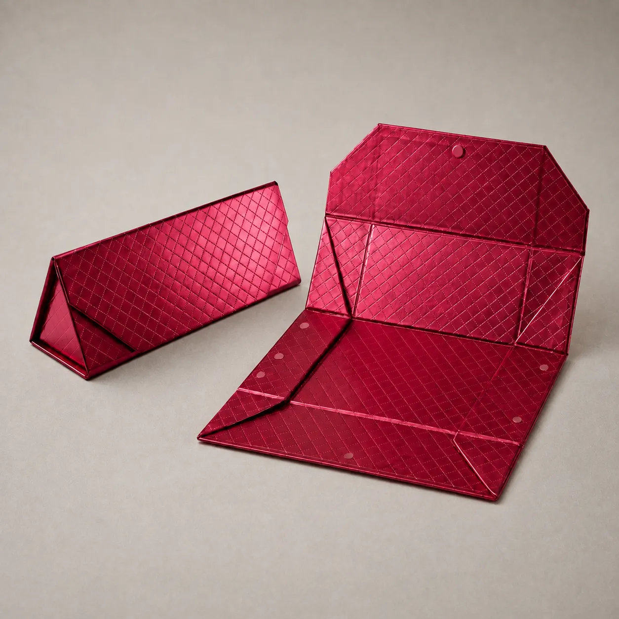 Metallic Ruby Red Quilted Triangular Collapsible Eyeglasses & Accessory Case