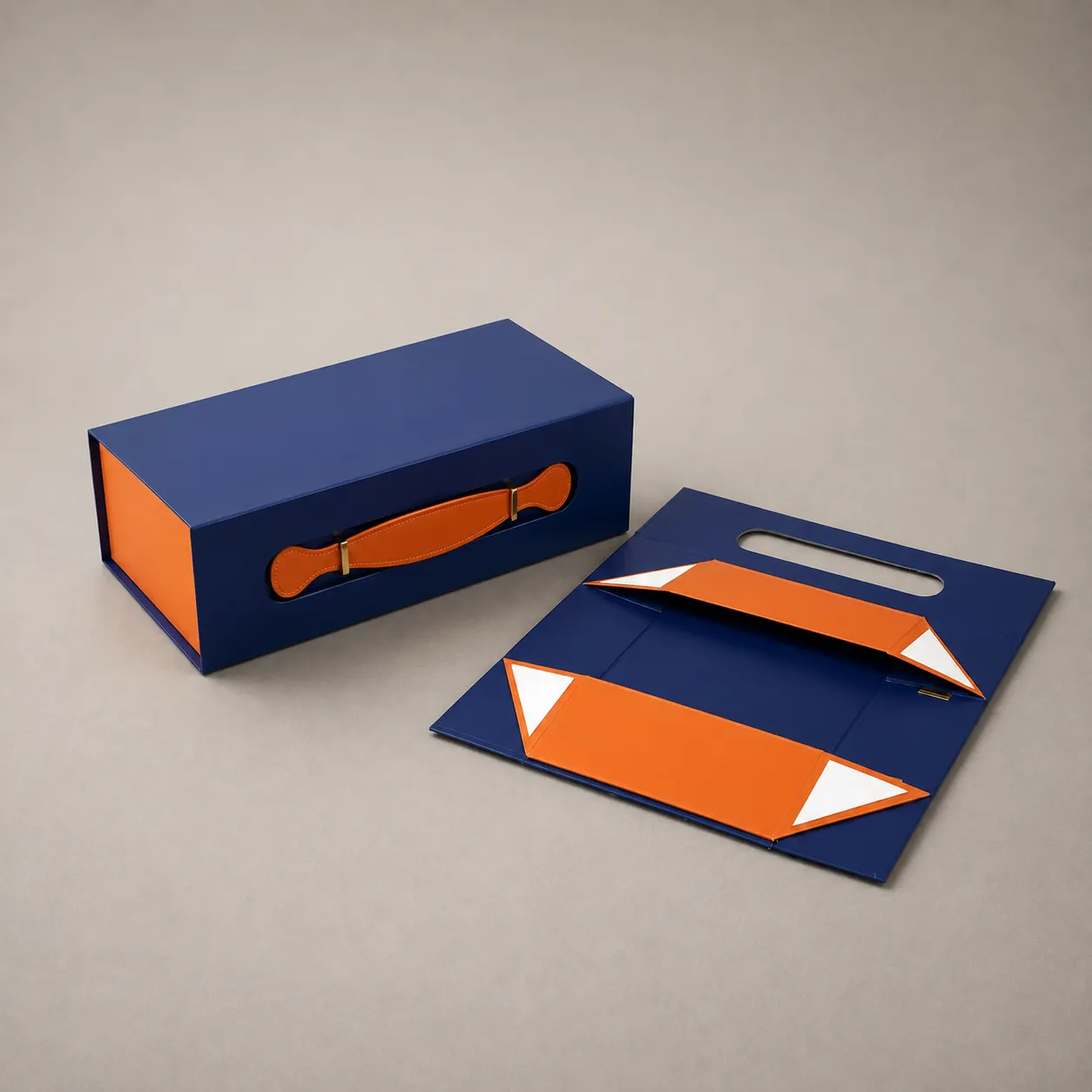 Royal Blue & Hermes Orange Contrast Collapsible Gift Box with Leather Handle