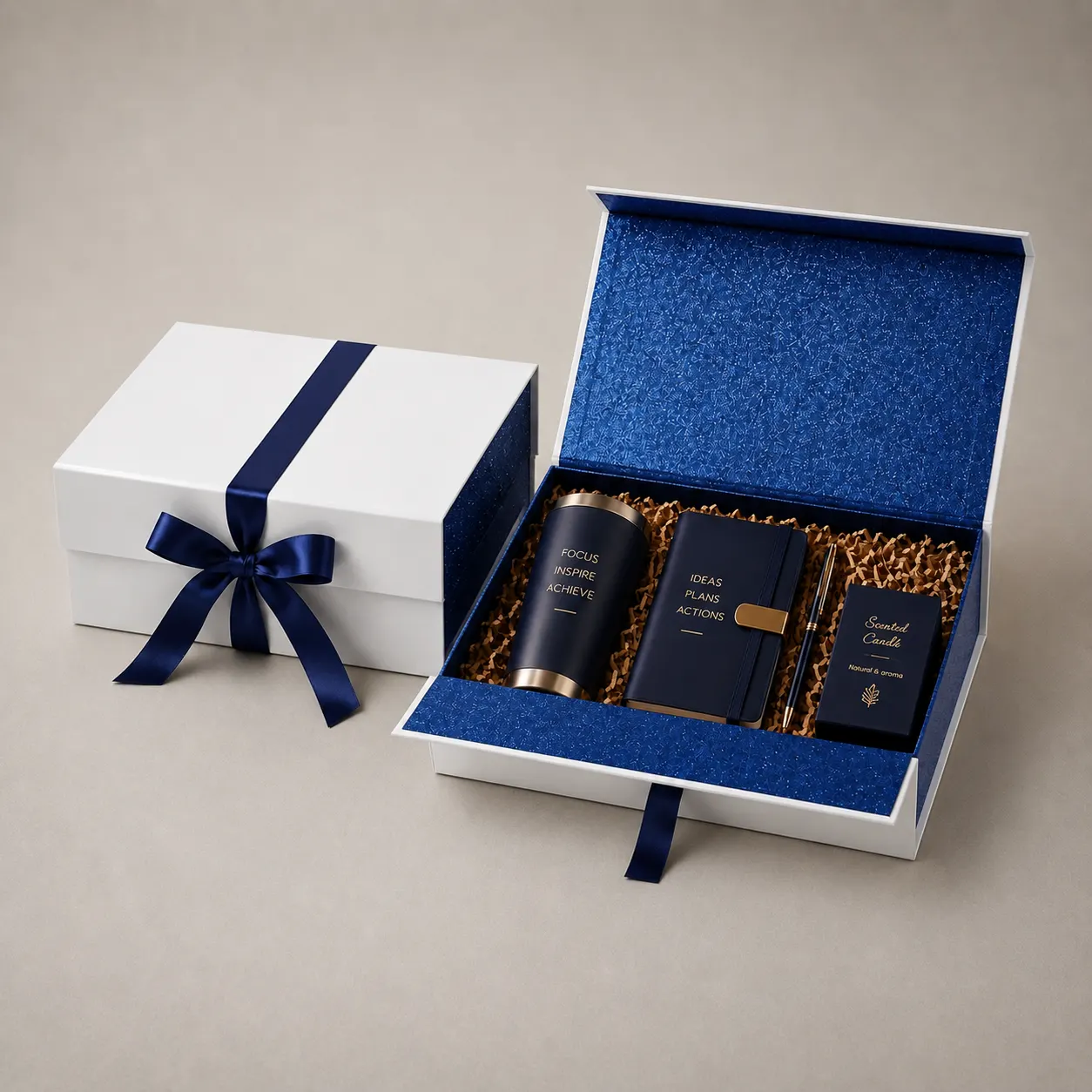 Pure White Magnetic Folding Gift Box with Sparkling Royal Blue Textured Interior & Ribbon