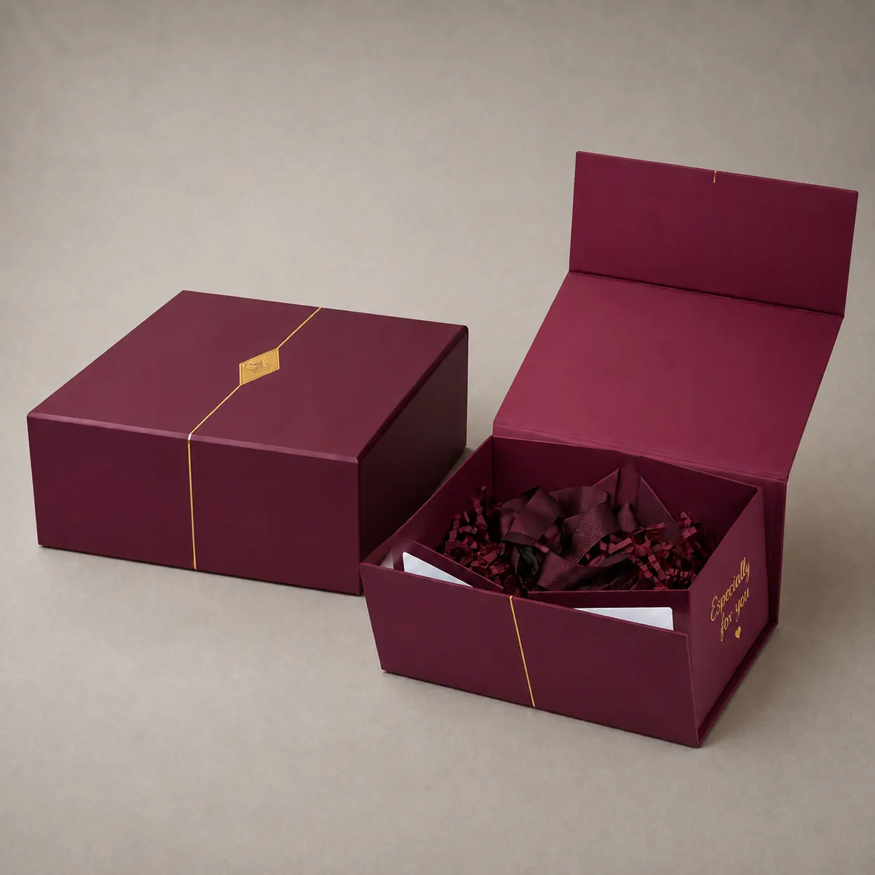 Luxury Deep Burgundy Magnetic Collapsible Gift Box with Gold Foil Line Accent