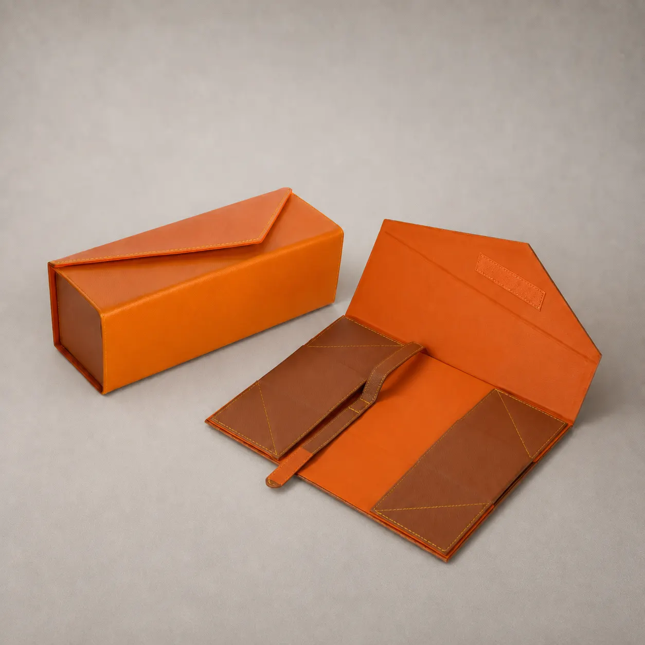 Orange & Saddle Brown Saffiano Textured Triangular Collapsible Glasses Case