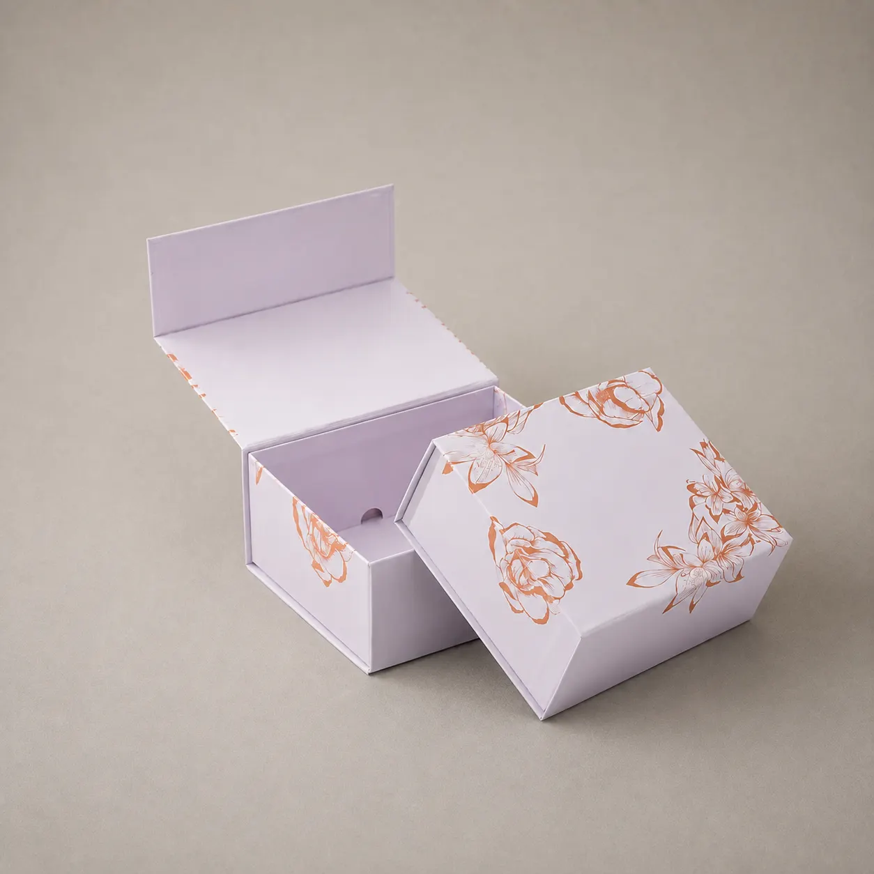 Soft Pastel Lavender Collapsible Magnetic Box with Copper Floral Line Art
