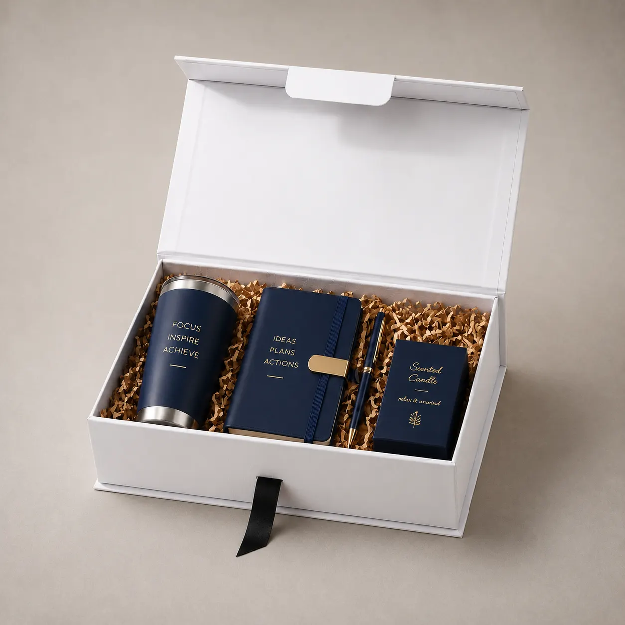 Minimalist Pure White Magnetic Collapsible Gift Box with Black Ribbon Pull Tab