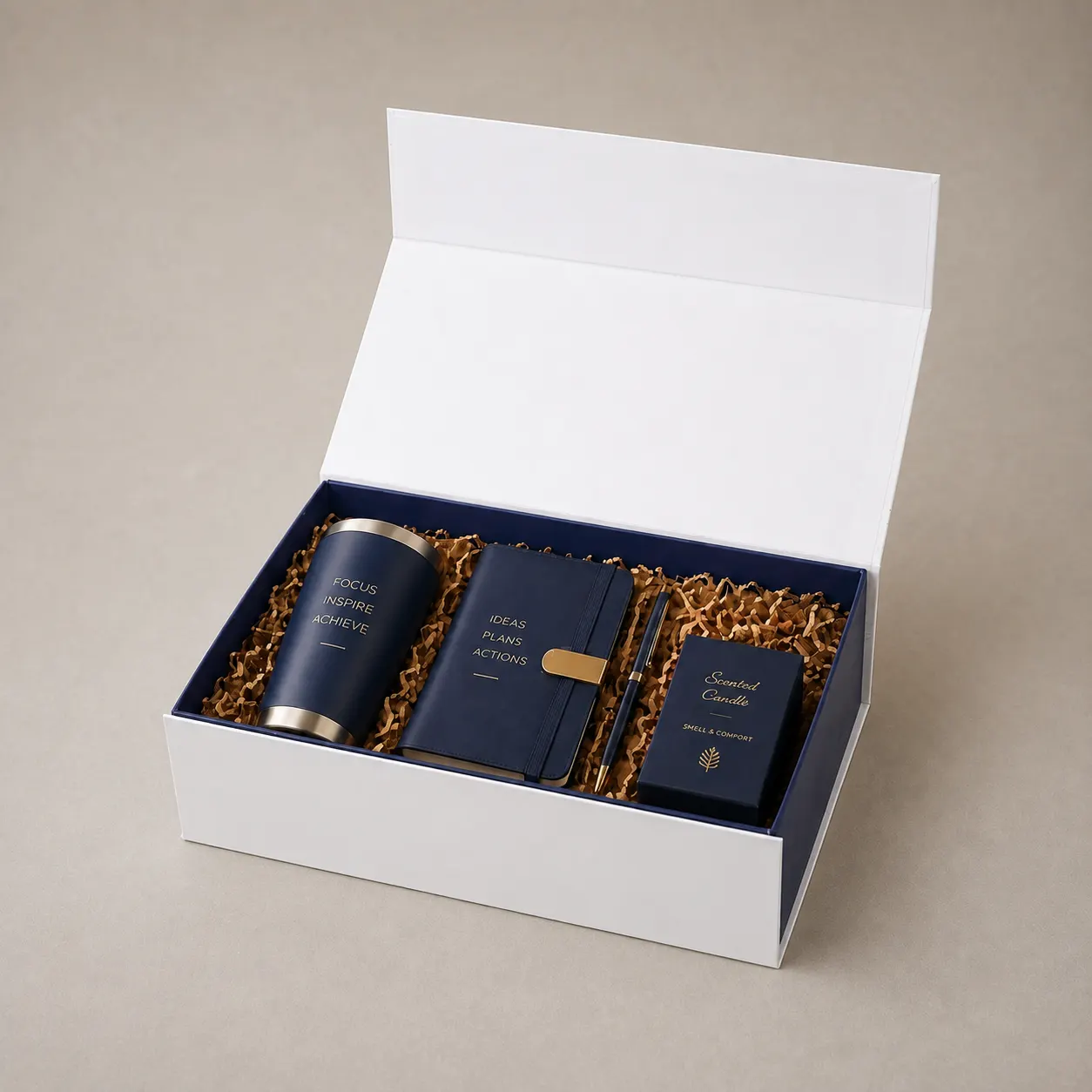 Minimalist Pure White Folding Box with Contrast Navy Blue Interior