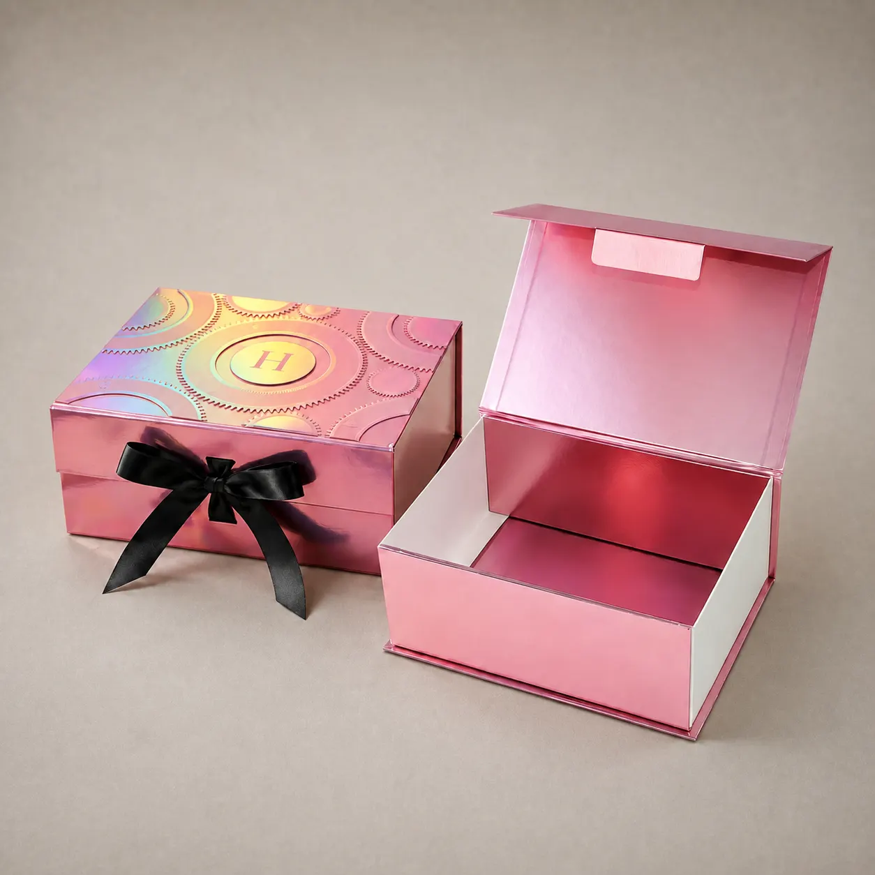 Luxury Holographic Iridescent Pink Folding Gift Box with Monogram Emblem & Ribbon