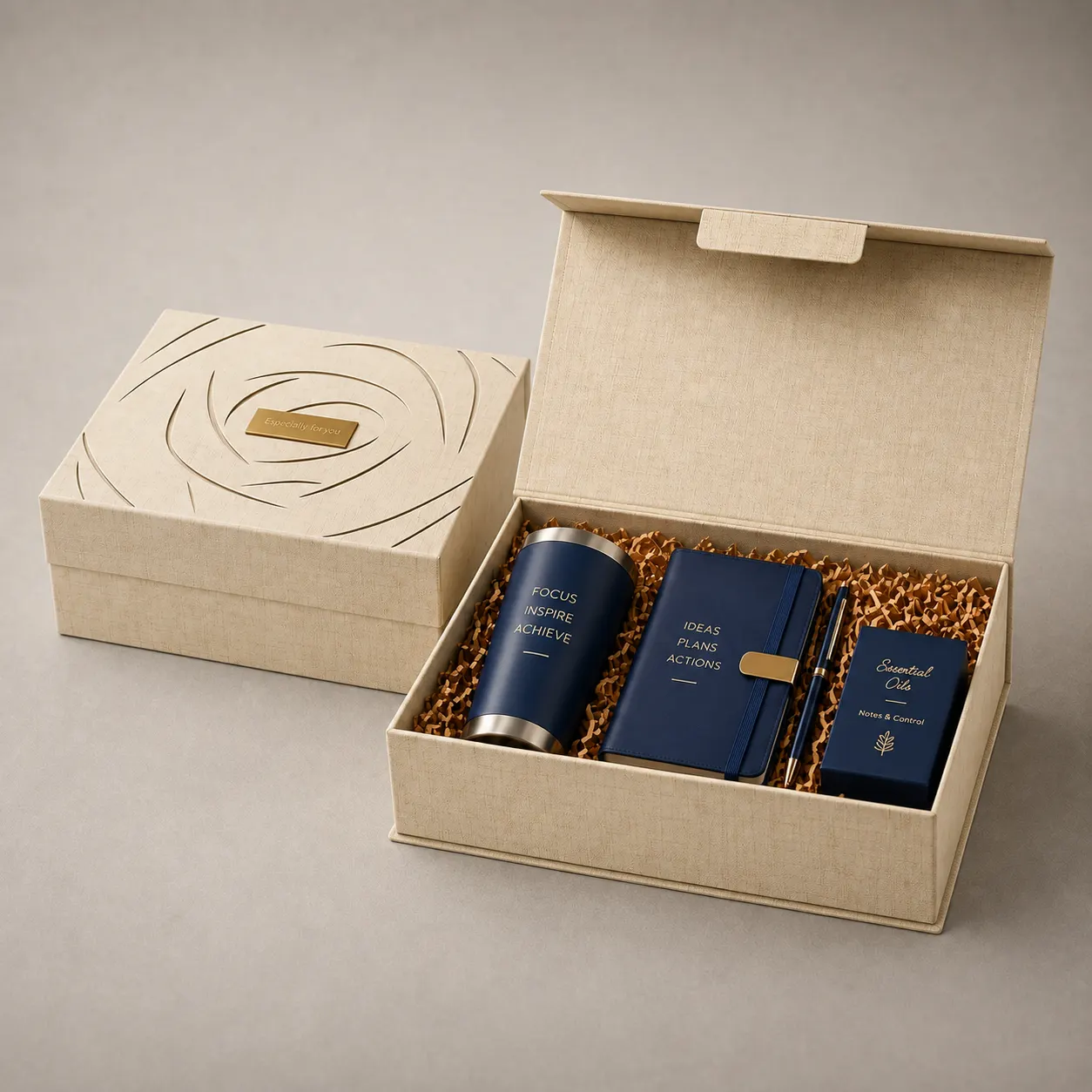 Natural Linen-Textured Magnetic Folding Box with Sculpted Rose Swirl Relief & Gold Plaque