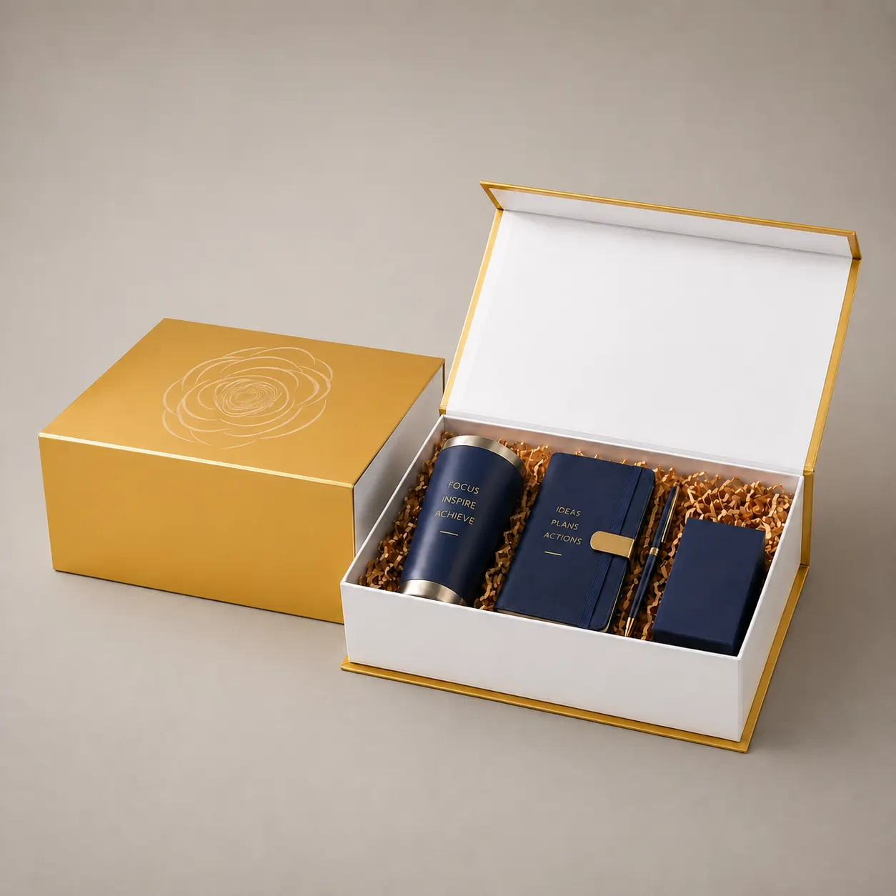 Satin Gold & White Contrast Folding Box with Circular Rose Emblem