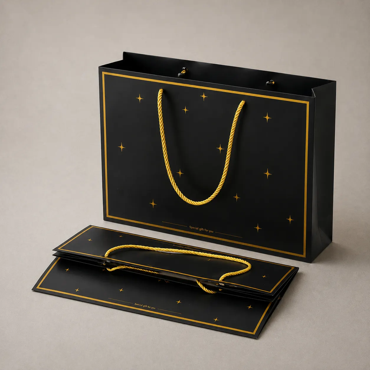 Luxury Pitch Black & Gold Celestial Starburst Paper Tote Bag