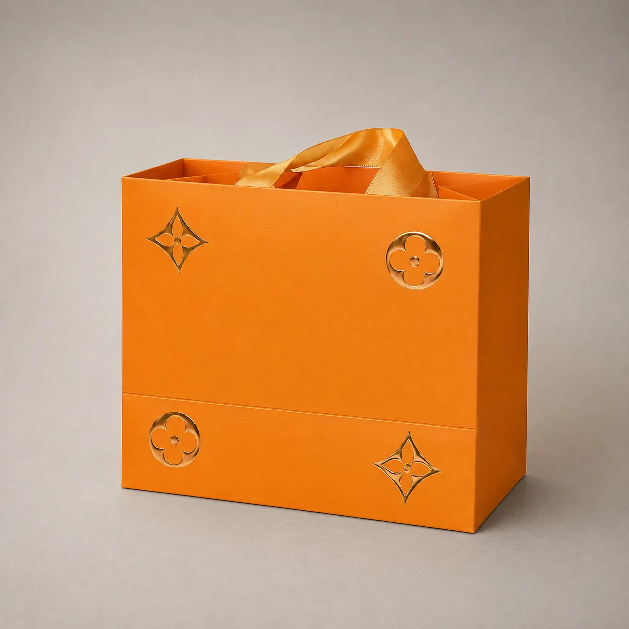 Luxury Vibrant Orange Monogram Floral Paper Tote Bag with Satin Ribbon