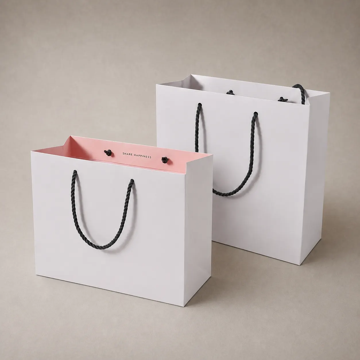 Minimalist White Paper Tote Bag with Black Handles & Pink Interior