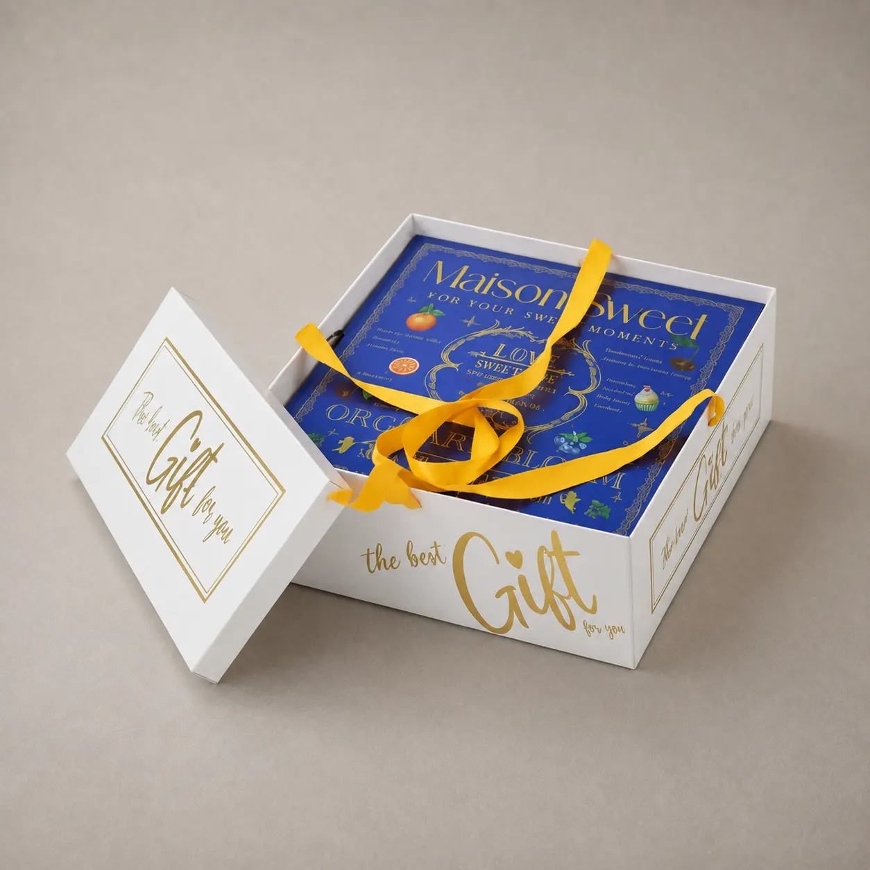 Luxury White & Gold Foil Lift-Off Lid Rigid Gift Box with Yellow Ribbon