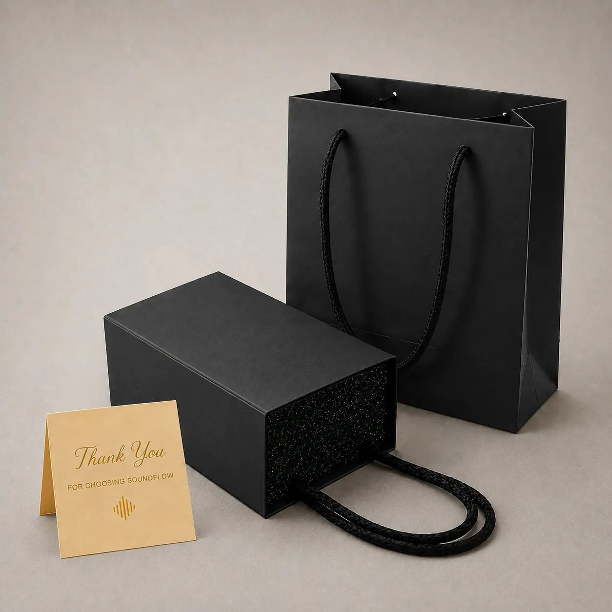 Luxury Pitch Black Sliding Drawer Rigid Box & Paper Tote Bag Set