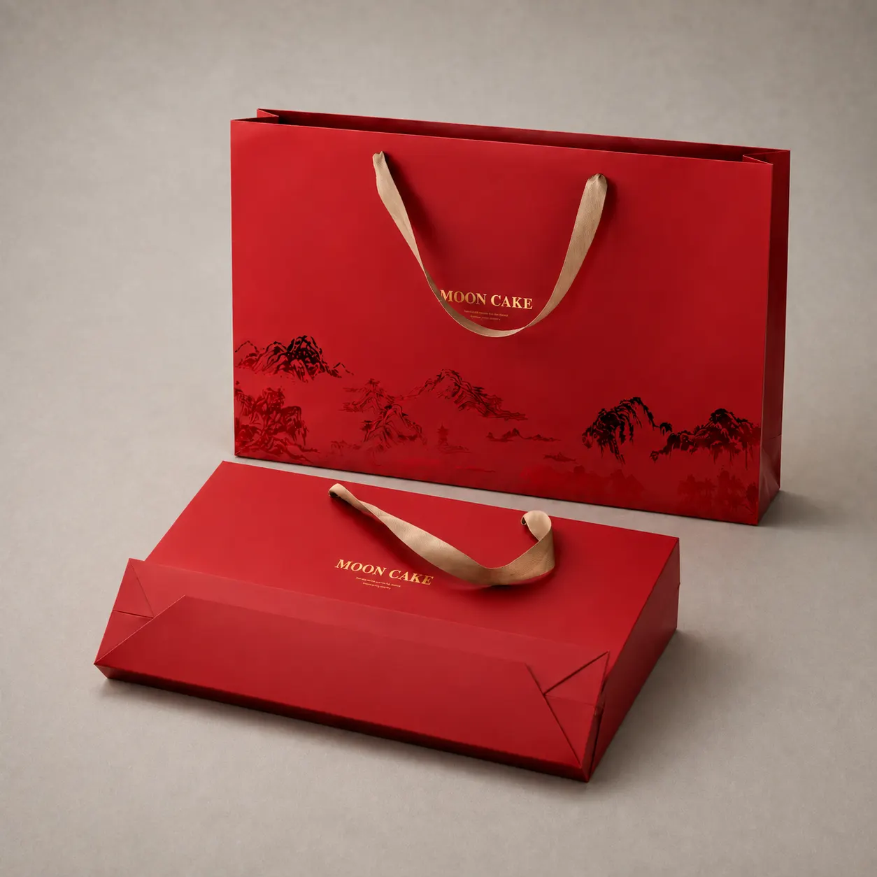 Luxury Imperial Crimson Red Paper Tote Bag with Champagne Gold Ribbon
