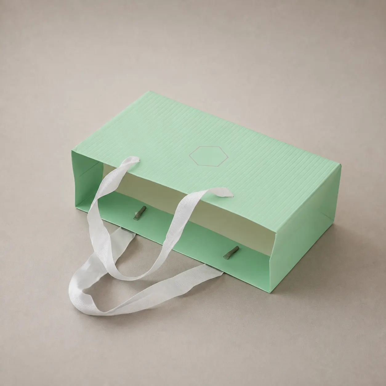 Luxury Mint Green Embossed Stripe Paper Tote Bag with White Ribbon