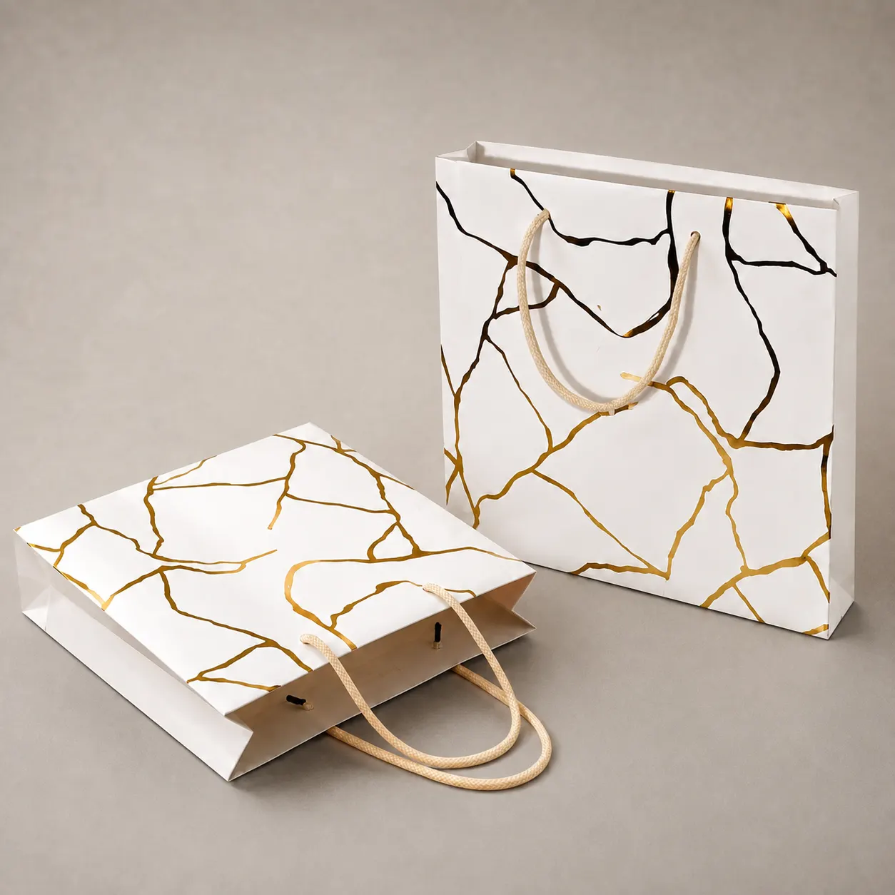 Luxury White & Gold Kintsugi Cracked Marble Paper Tote Bag