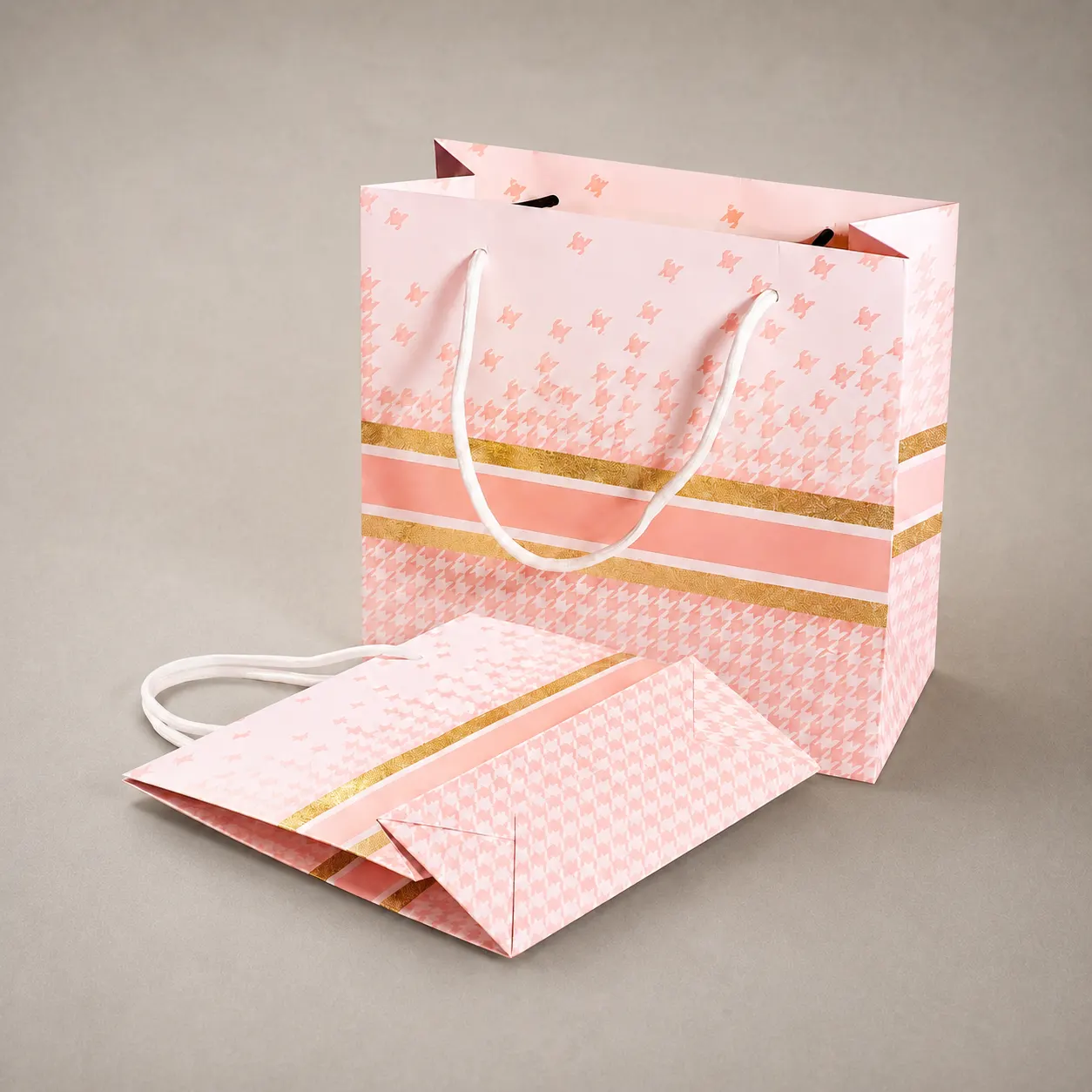 Luxury Pastel Pink Houndstooth Butterfly Paper Tote Bag with Gold Foil