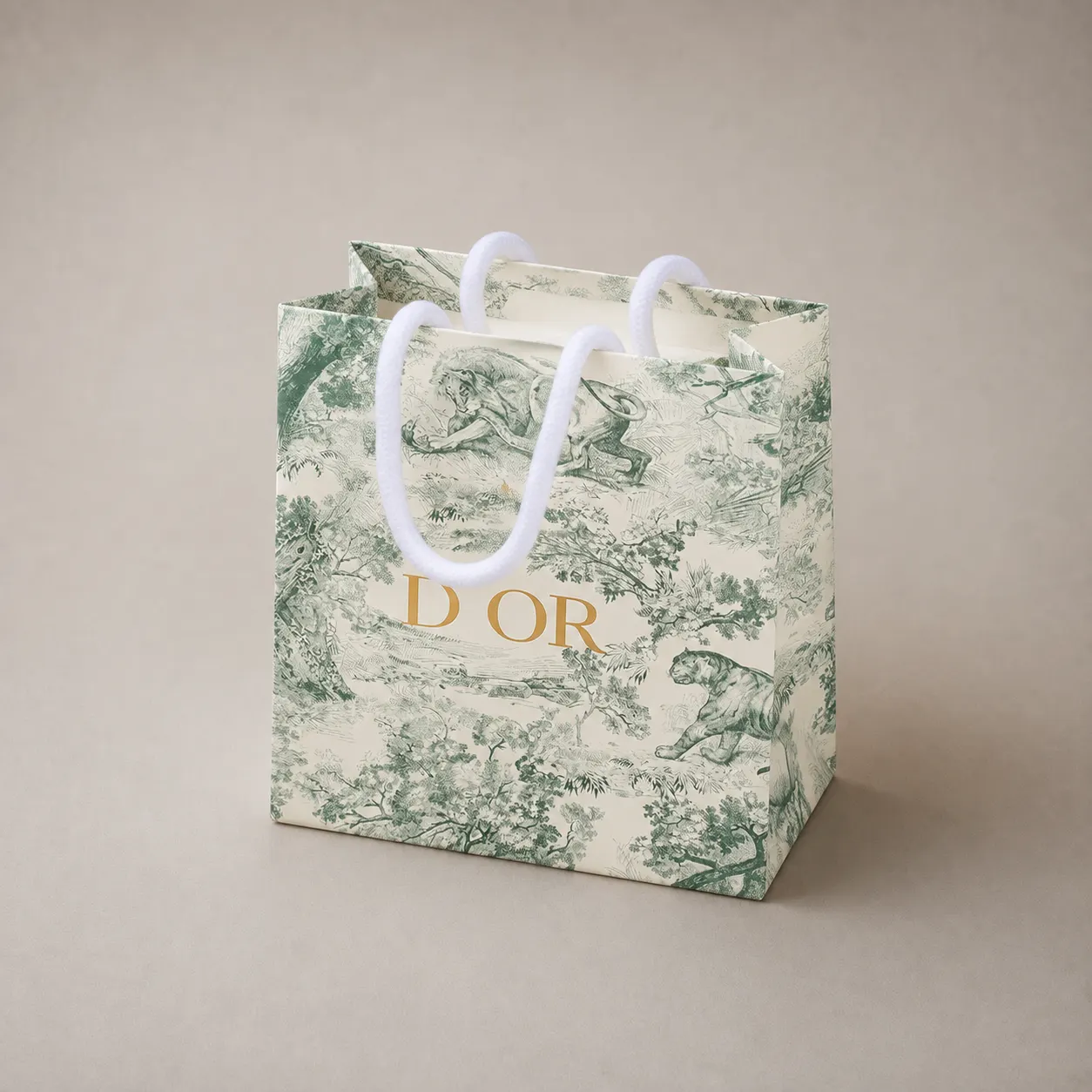 Luxury Sage Green Toile De Jouy Jungle Lion & Leopard Paper Tote Bag