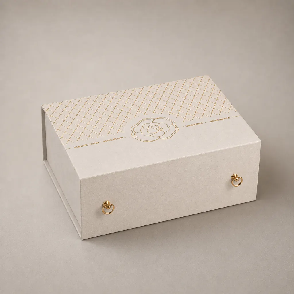 Luxury Ivory Cream & Gold Camellia Magnetic Rigid Box with Brass Rings