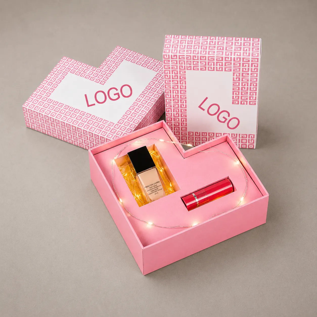 Luxury Heart-Shaped Pastel Pink Rigid Box with LED Lights