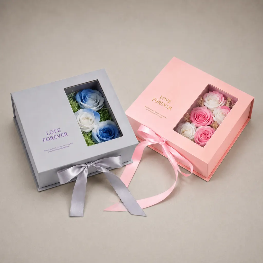 Luxury Preserved Rose Window Rigid Perfume Box with Ribbon Bow