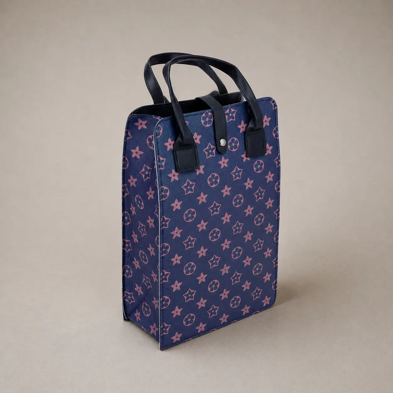 Luxury Navy Monogram Leather-Handle Paper Tote Bag