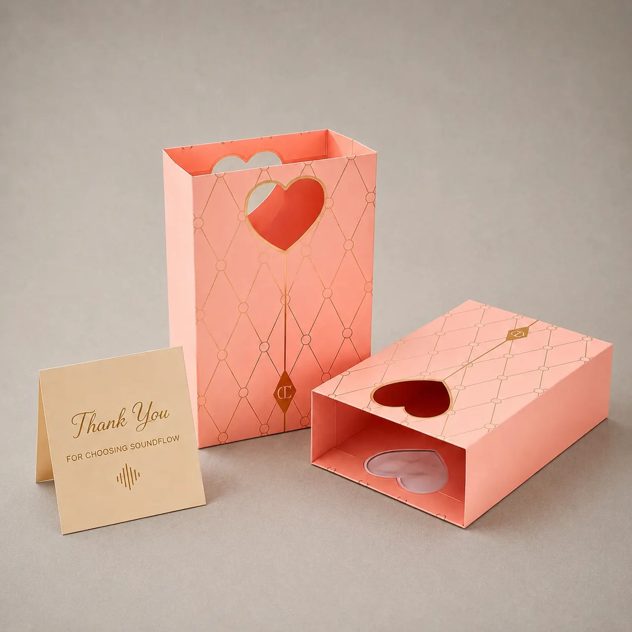 Luxury Coral Pink Geometric Trellis Paper Bag with Die-Cut Heart Handle